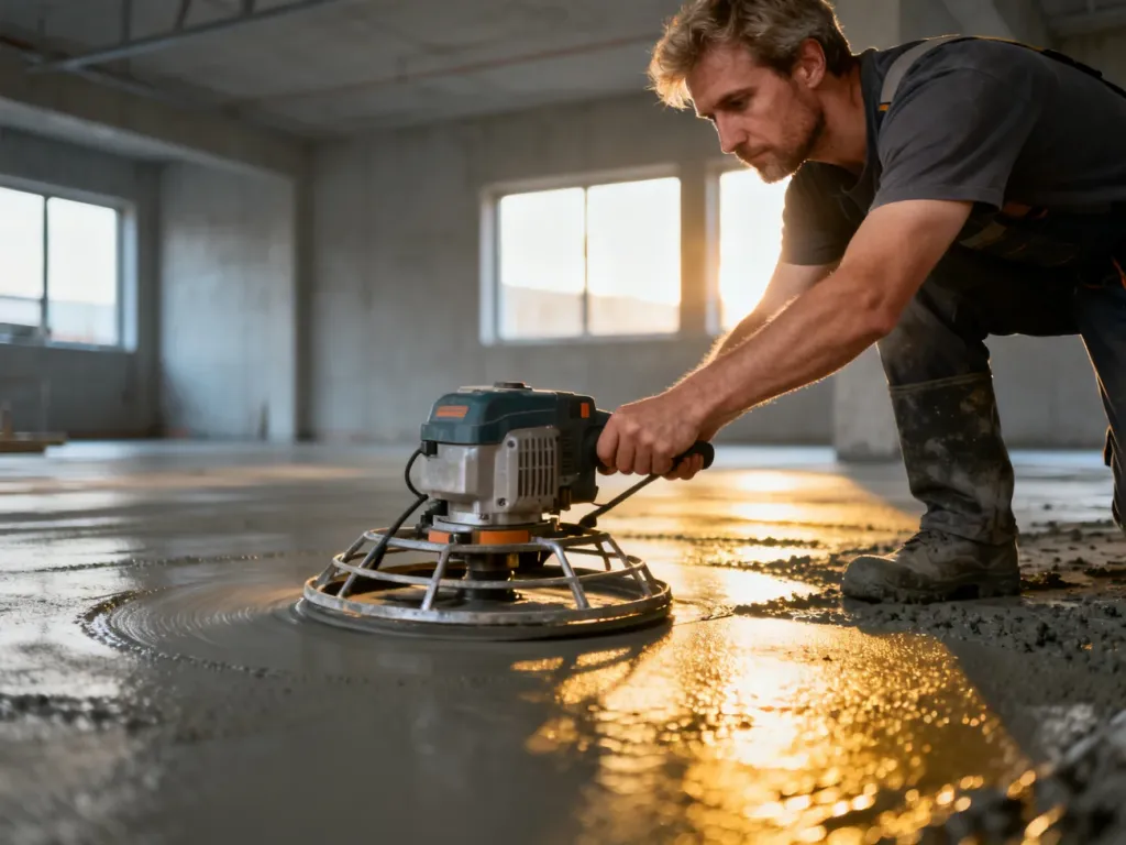 Pracownik wygładzający świeżą wylewkę betonową przy użyciu zacieraczki mechanicznej na placu budowy.