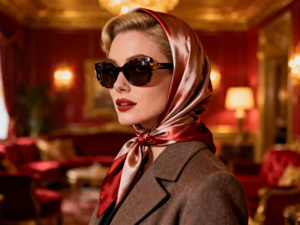 Kobieta w stylu retro z jedwabną chustą i okularami przeciwsłonecznymi w luksusowym wnętrzu z lat 50.